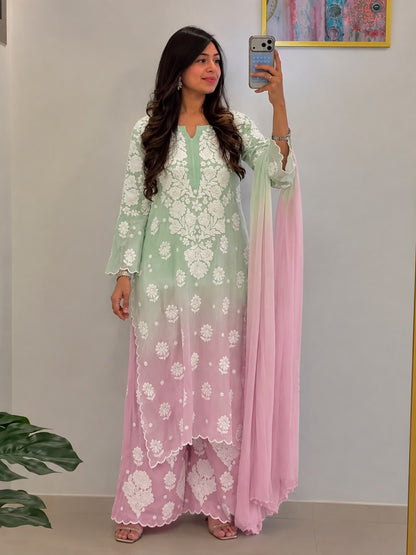 Saili Muslin kurta suit set- Pink Green