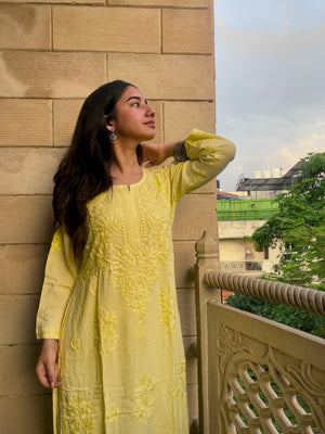 Aisha Rayon Chikankari Kurta set- Yellow