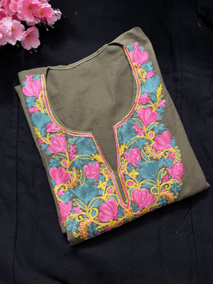 Noor Aari Woollen Pheran- Olive green