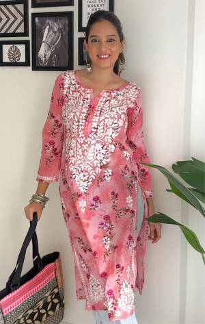 Vaishali Mulmul Chikankari Kurta- Pink