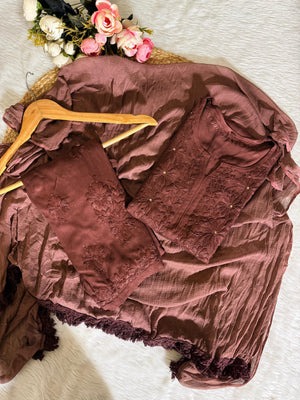 Raya Rayon Mukaish Kurta Set- Brown