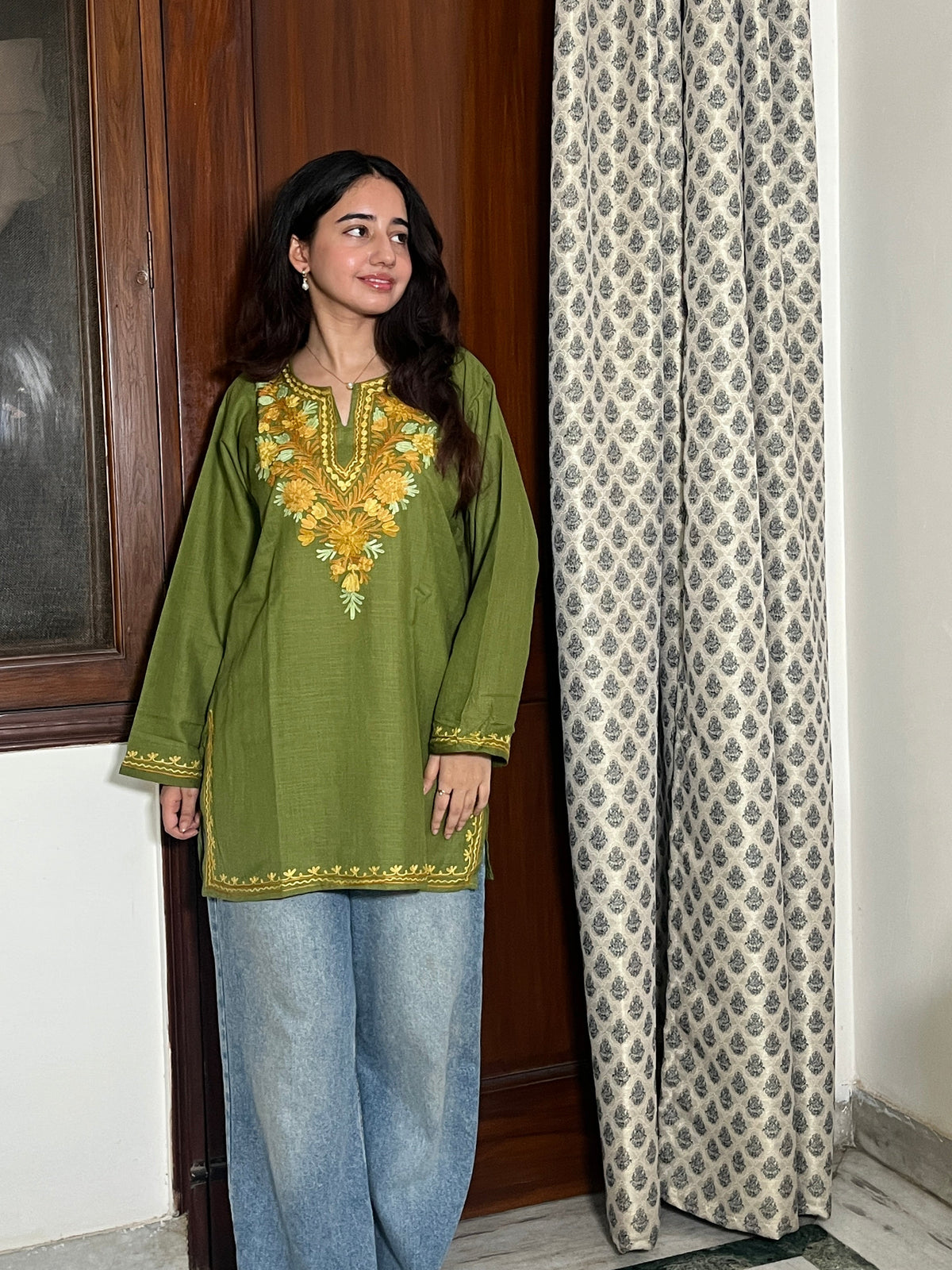 Trisha Kashmiri Short Cotton kurti- Green