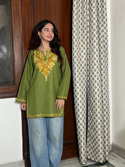 Trisha Kashmiri Short Cotton kurti- Green