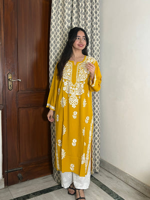 Jhanvi Chikankari Rayon Kurta- Yellow