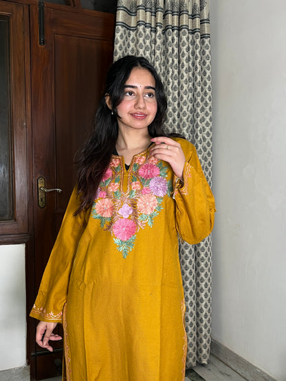 Zoha Kashmiri wool long kurta- mustard