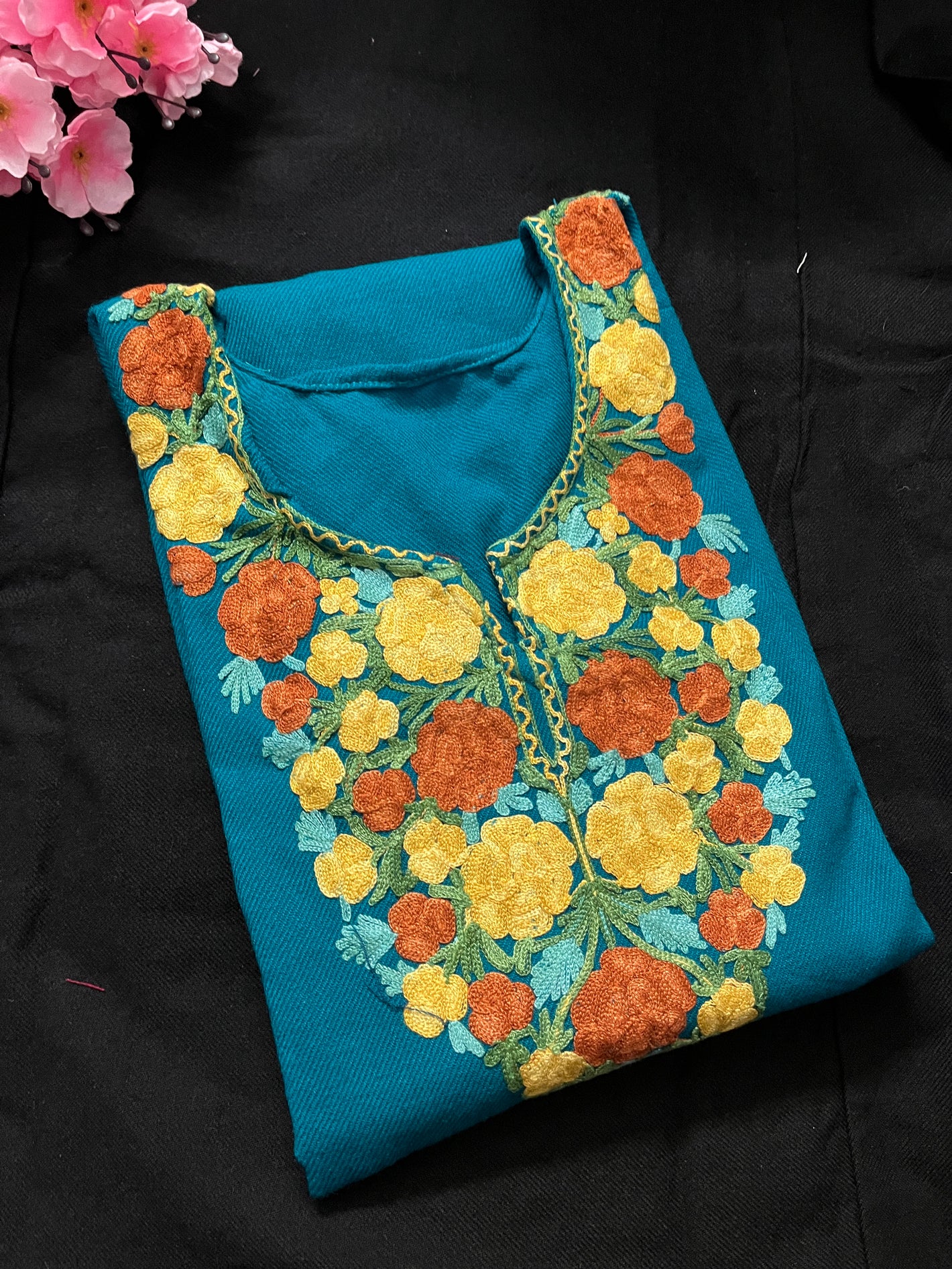 Noor Aari Woollen Pheran- Teal Blue
