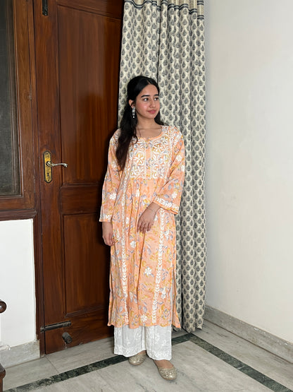 Vaishali Mulmul Chikankari Kurta- Orange