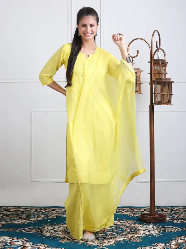 Tashi Dobby Cotton Chikankari Kurta set- Yellow