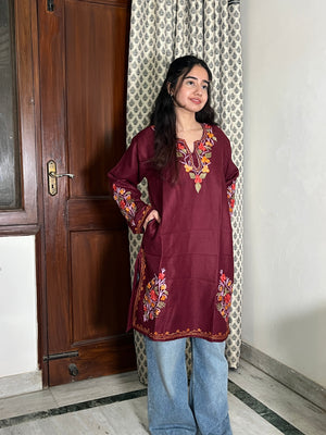 Laiba Kashmiri silk wool long kurta- Wine