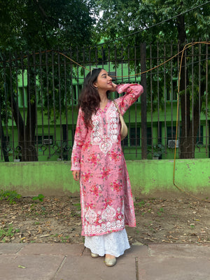 Zaira Chanderi printed Long Kurta- Pink