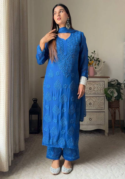 Haniya Viscose mukaish georgette suit set- Royal blue