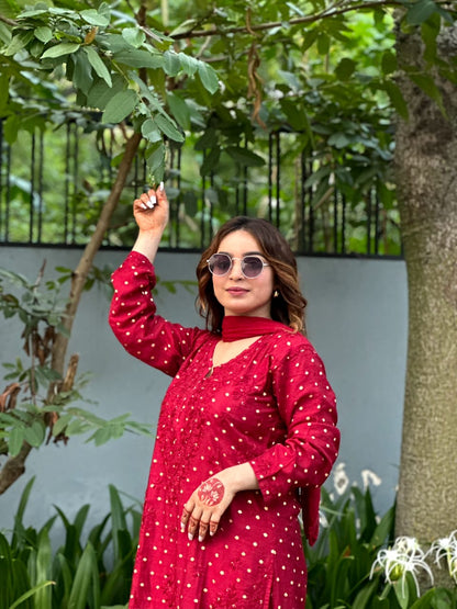 Falak Chanderi Buta Kurta set- Red