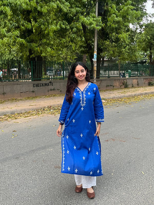 Tisha Cotton Chikankari Long Kurta- Blue