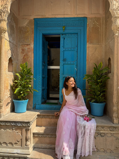 Pink Chikankari embroidered saree