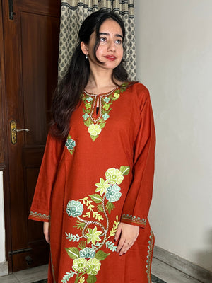 Tisha kashmiri aari woollen kurta set - Rust Orange