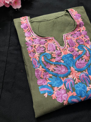 Noor Aari Woollen Pheran- Olive green