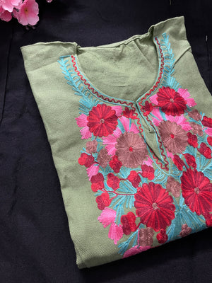 Noor Aari Woollen Pheran- Green