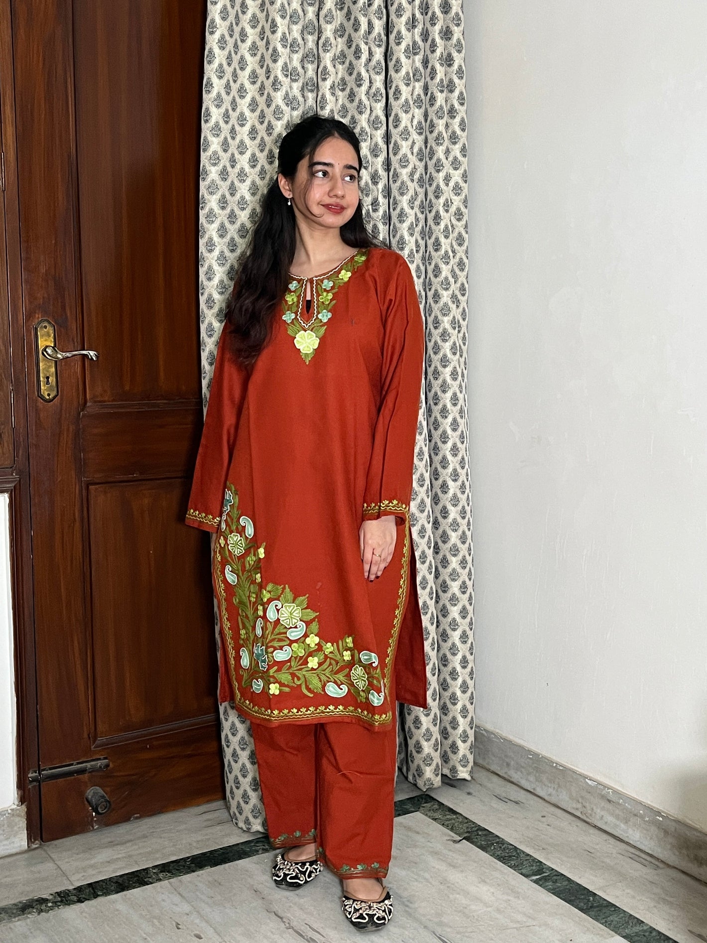 Tisha kashmiri aari woollen kurta set - Rust Orange