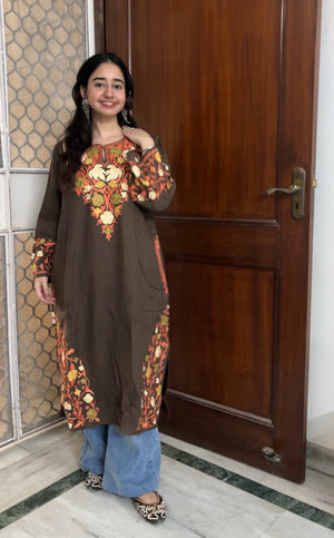 Kashmiri Aari Woollen Pheran- Brown