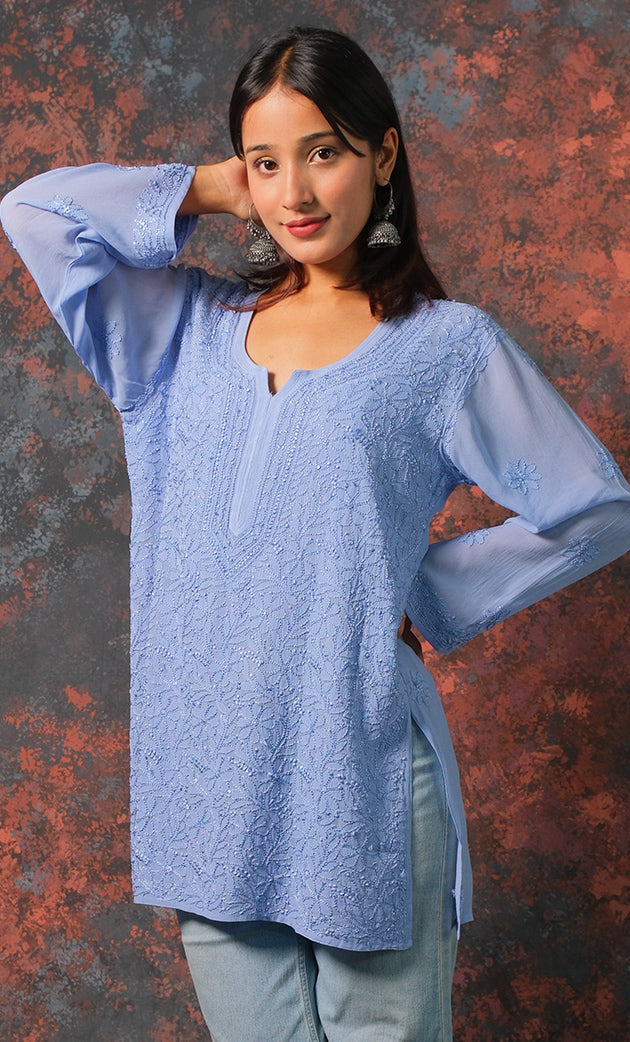 Uzma Viscose Georgette Short kurta- Blue