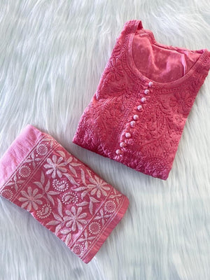 Dobby Cotton ombre Chikankari Kurta set- Pink