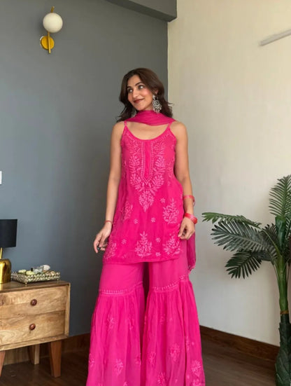 Yashika Viscose strappy Short Kurti Gharara Set - Pink
