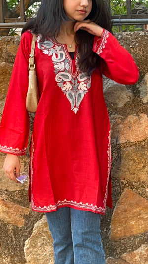Kashmiri Short Cotton kurti- Red