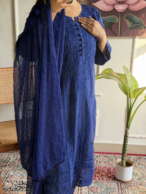 Saniya Mulmul Cotton Chikankari Suit set- Blue