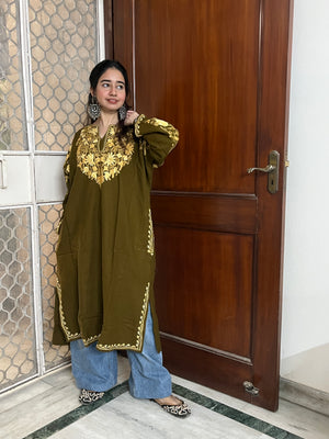 Kashmiri Aari Woollen Pheran- Olive Green