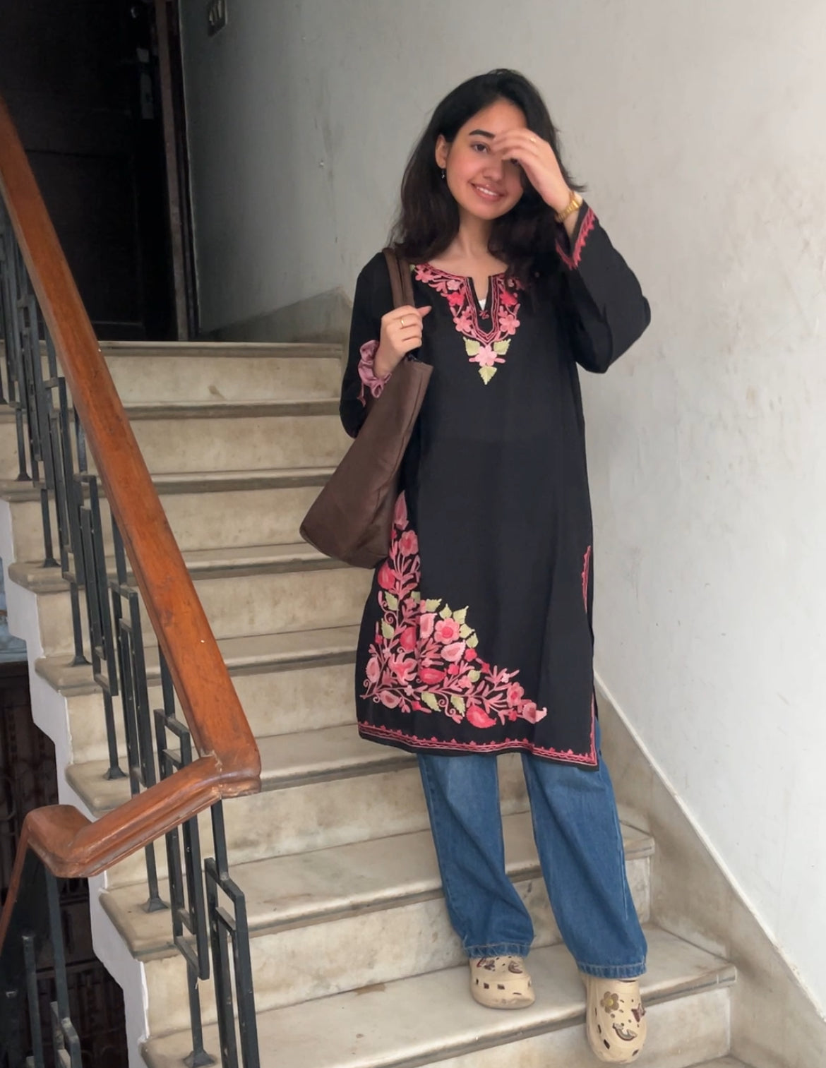 Kashmiri Short Cotton kurti- Black