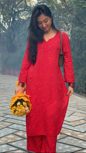 Nandini rayon Mukaish kurta set- Red