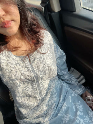 Mulmul Cotton Print Chikankari Kurta- Grey