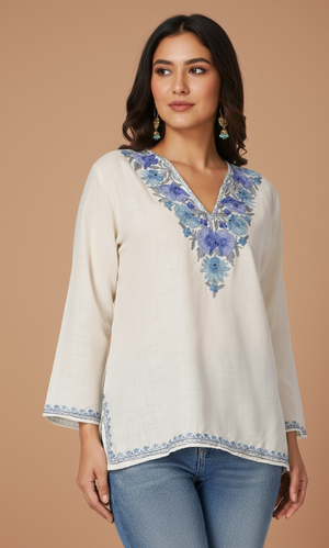 Falak Kashmiri Short Woollen kurti- White