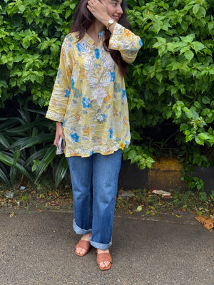 Mulmul print short kurti- yellow