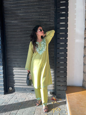 Saira Kashmiri cotton Aari Kurta Set- Green