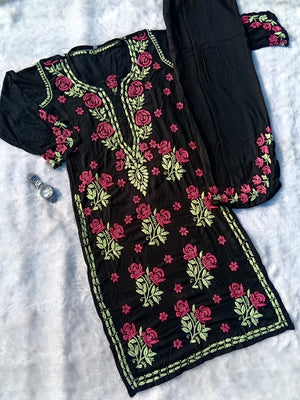 Yasmin modal chikankari kurta set- Black