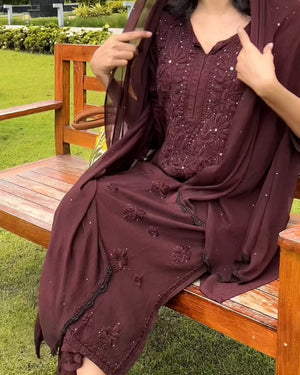 Raya Rayon Mukaish Kurta Set- Burgundy brown