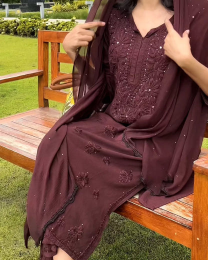 Raya Rayon Mukaish Kurta Set- Burgundy brown