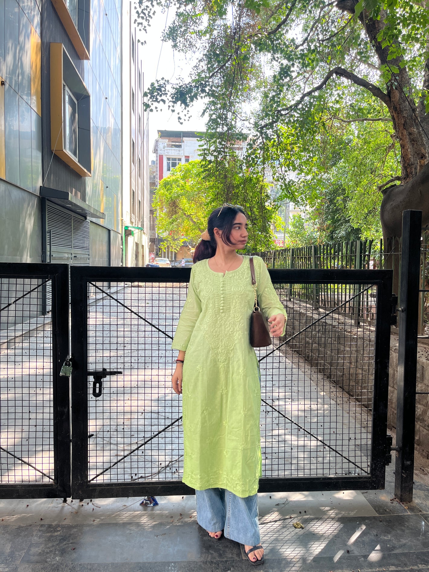Riya Dobby Cotton long kurta- Green
