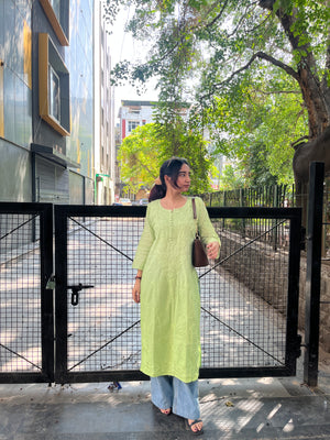 Riya Dobby Cotton long kurta- Green