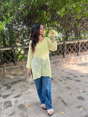Falak Viscose Georgette Short kurta- Light yellow