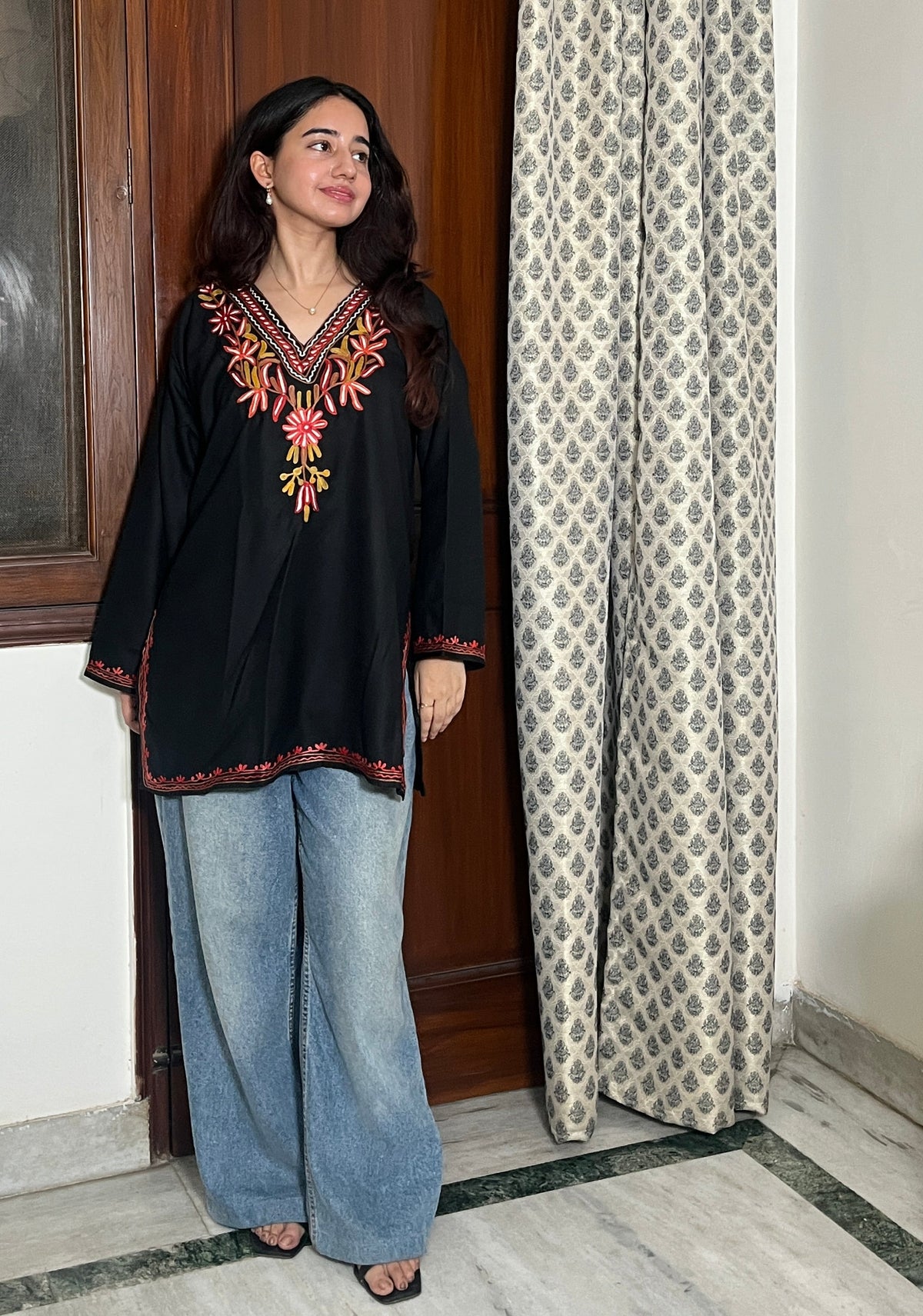 Sejal Kashmiri Short Cotton kurti- Black