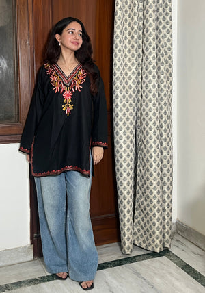 Sejal Kashmiri Short Cotton kurti- Black