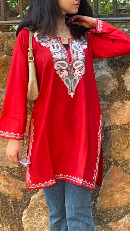 Kashmiri Short Cotton kurti- Red