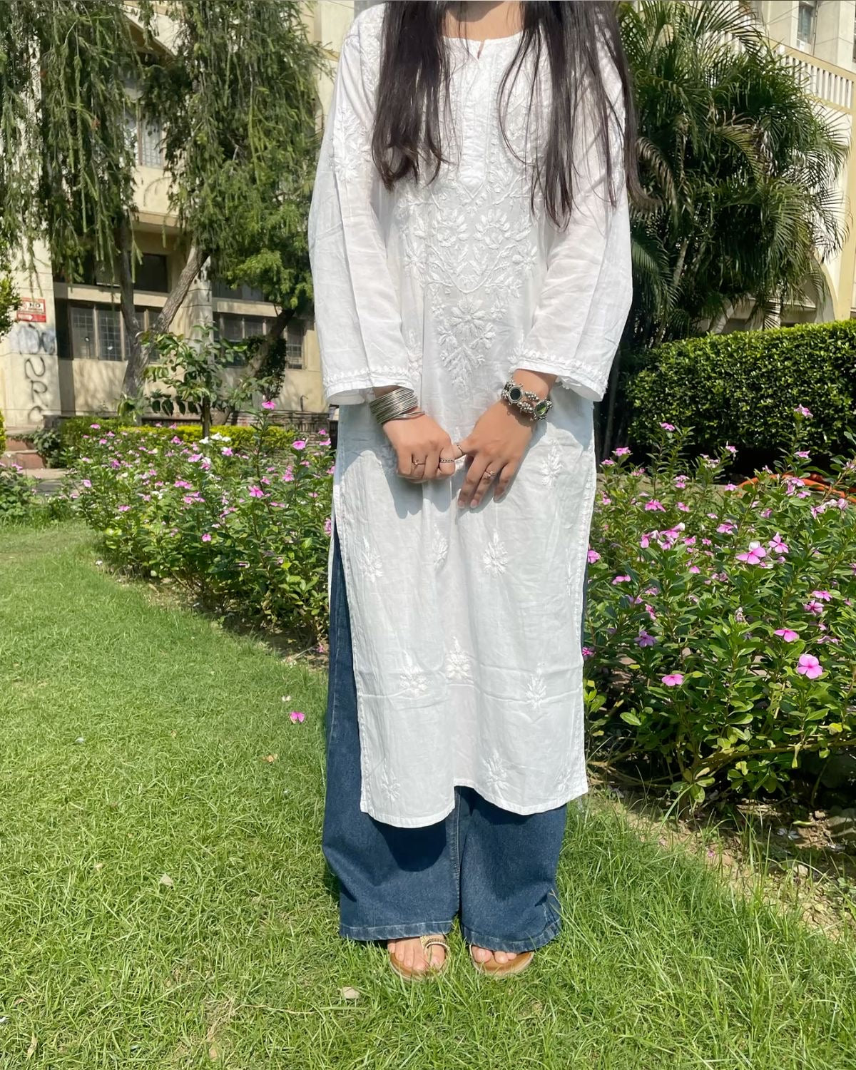 Naira white long Chikankari Rayon Kurta