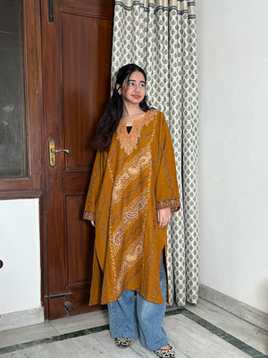 Shaili sozni Woollen Kashmiri Pheran- Mustard