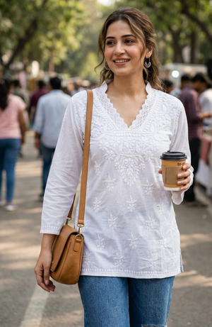 Ishita mulmul cotton short kurta - white
