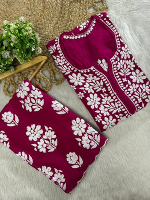 Gulnaar Rayon Chikankari Kurta set- Pink