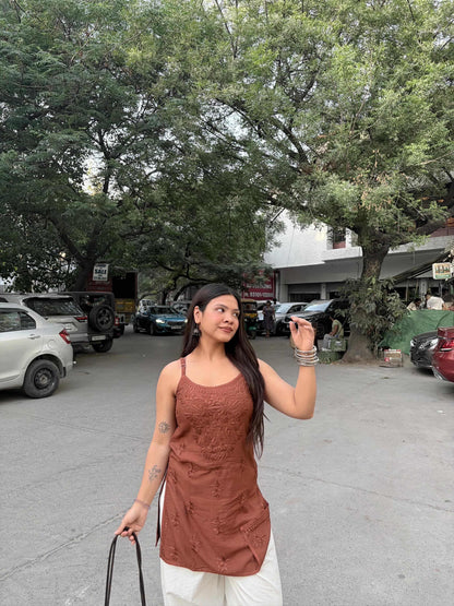 Laiba Strappy Short Rayon Kurta- Brown
