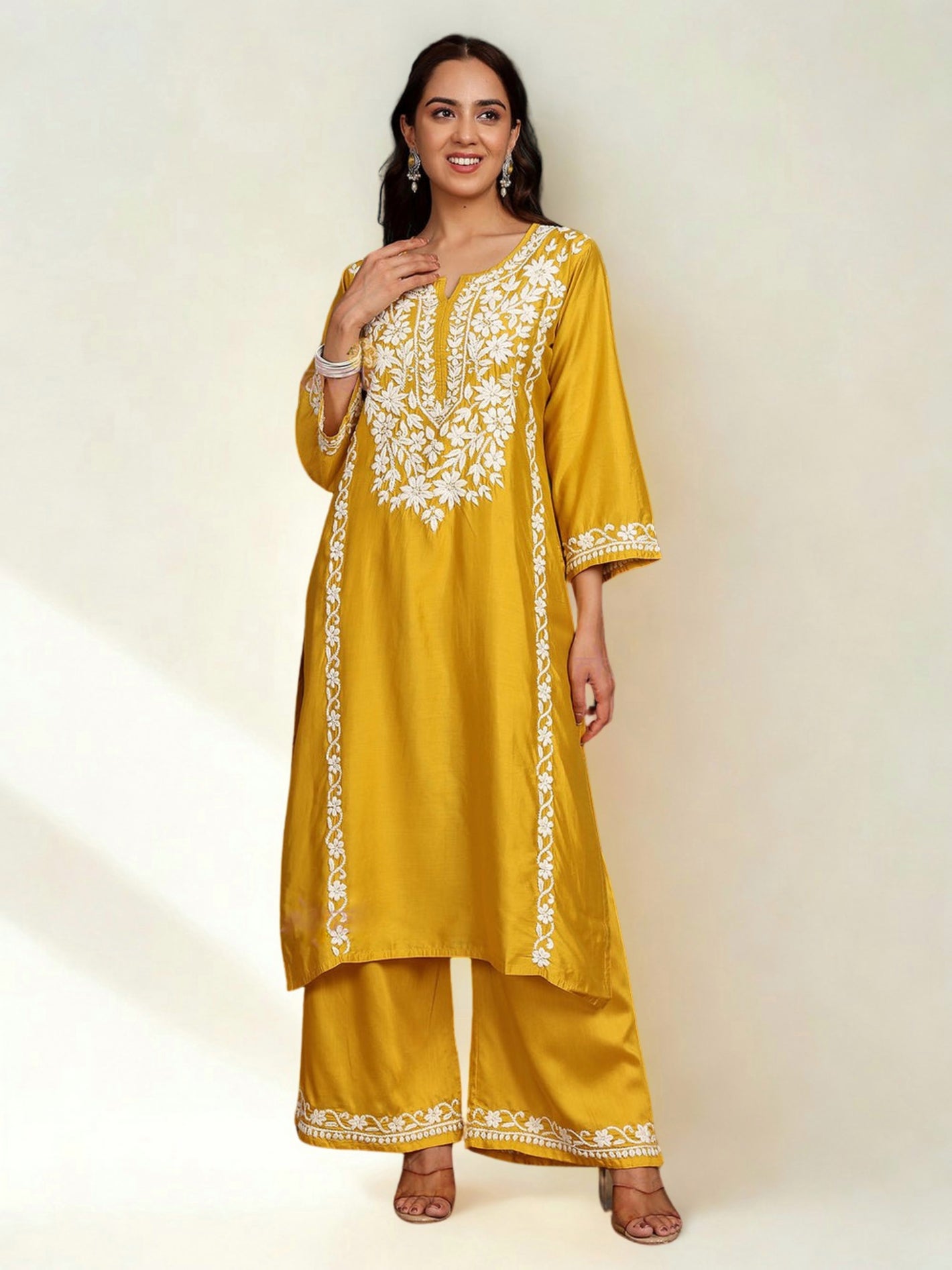 Saba Chanderi Chikankari Kurta Palazzo - Yellow
